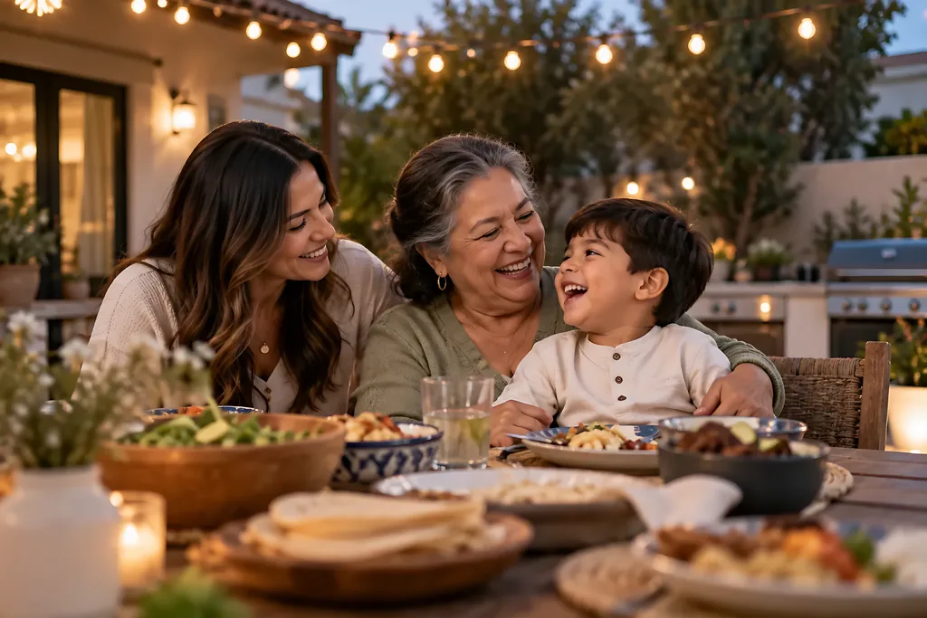Familia hispana cenando junta