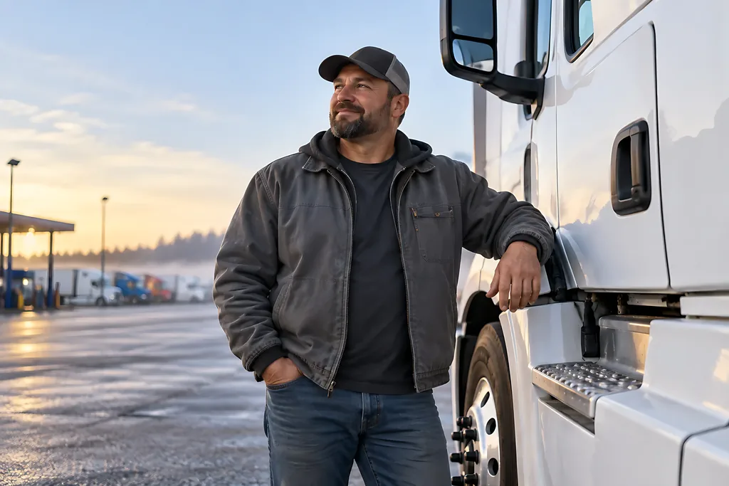 Truck driver leaning on his white semi at a truck stop